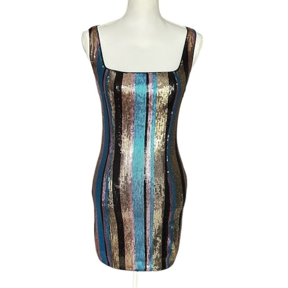 LULUS Multicolor Sequin Bodycon Mini Dress sz S Stripe Sleeveless Stretchy Lined - Picture 2 of 10